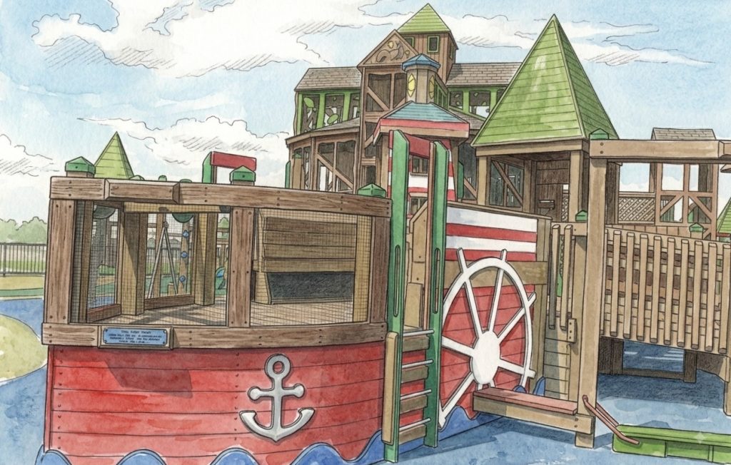 Watercolor illustration of a large wooden playground featuring a pirate ship structure.