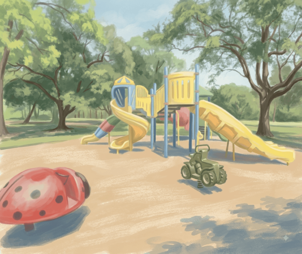 A yellow and blue playground slide with a red ladybug spring rider and a green ATV spring rider under large shaded oak trees.