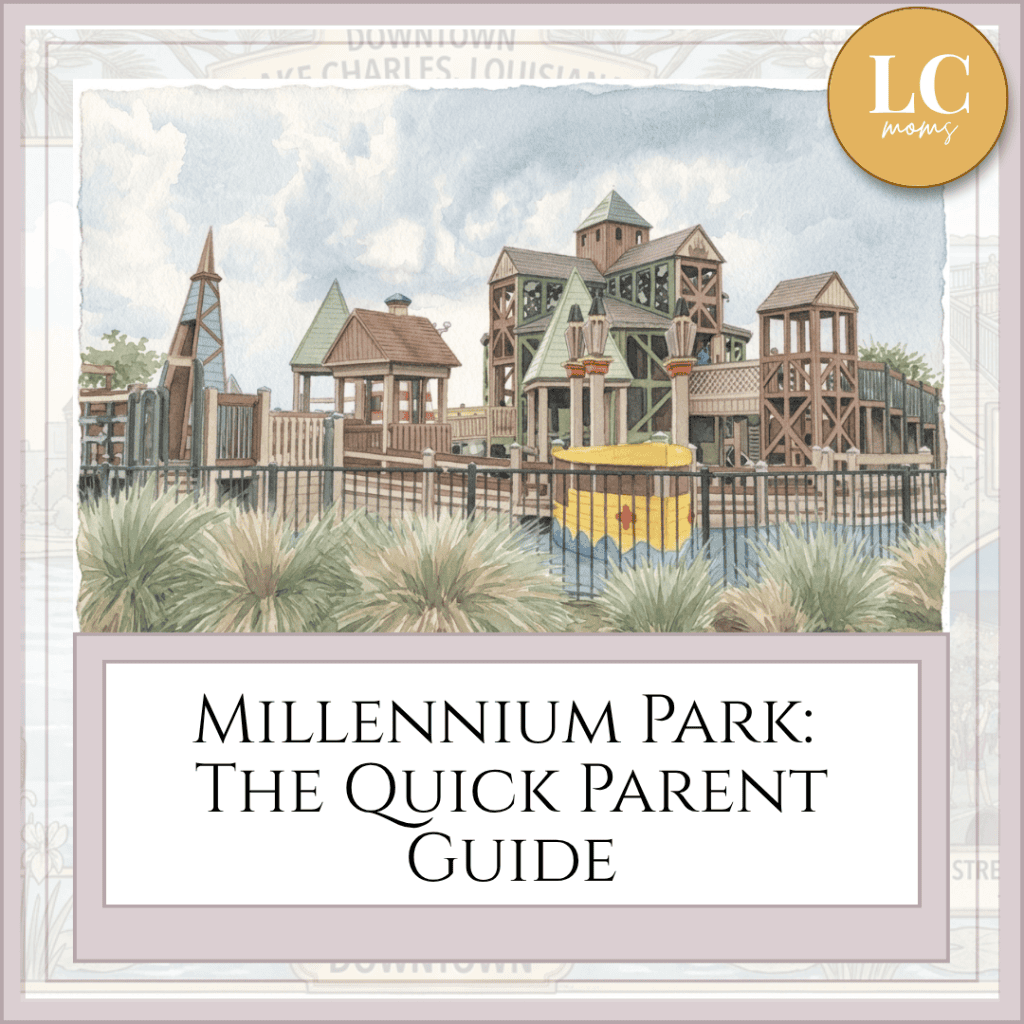 Watercolor illustration of the wooden climbing towers and yellow play structure at Millennium Park, overlaid with the text "Millennium Park: The Quick Parent Guide" and an "LC moms" logo.