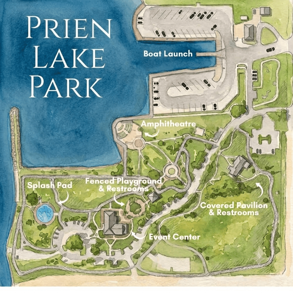 Map of Prien Lake Park in Lake Charles, Louisiana, showing the park layout, waterfront areas, and facilities.