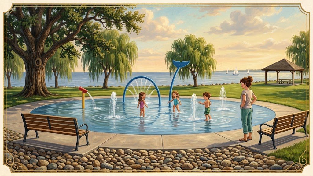 Kids playing in the splash pad fountain at Prien Lake Park with a parent watching nearby