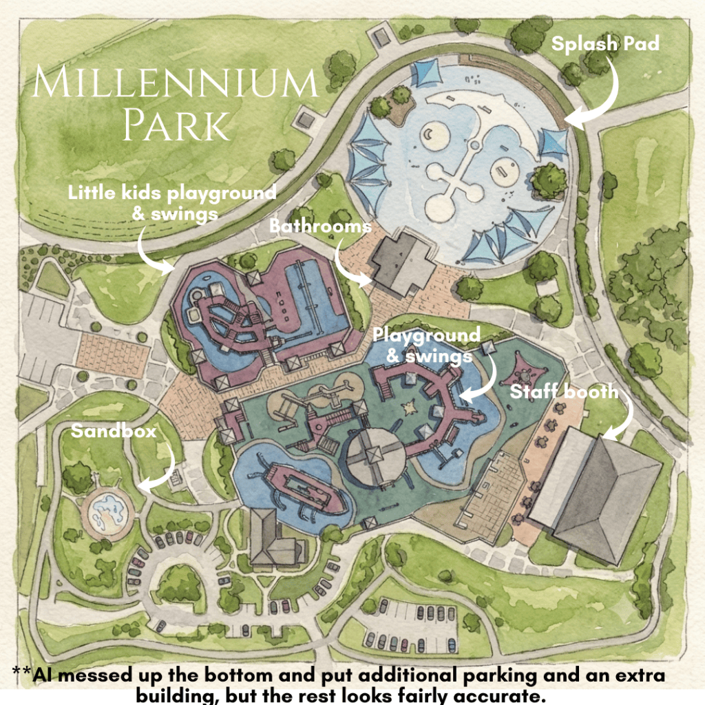 Illustrated aerial map of Millennium Park in Lake Charles, Louisiana, showing the layout of the splash pad, playground, and parking areas.