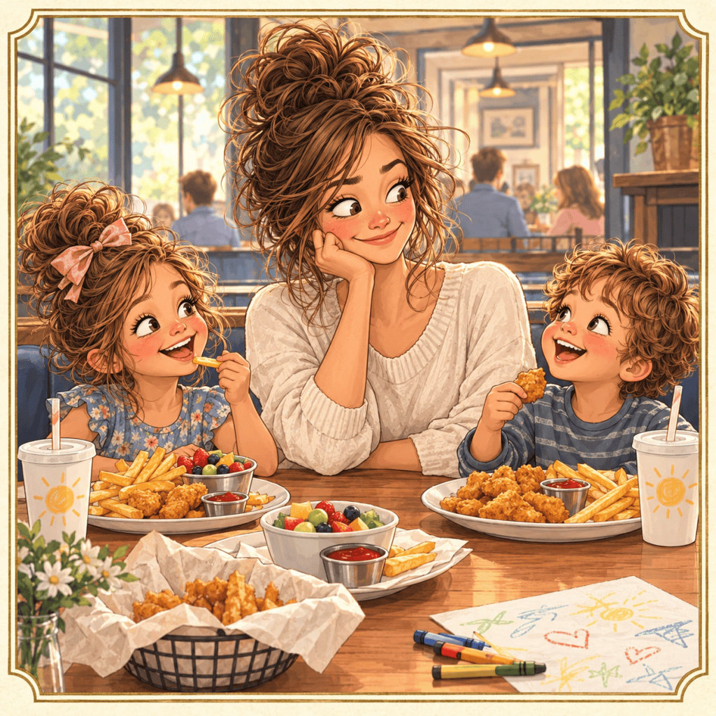 An illustrated mother smiles at her young son and daughter eating chicken nuggets and fries at a restaurant table.