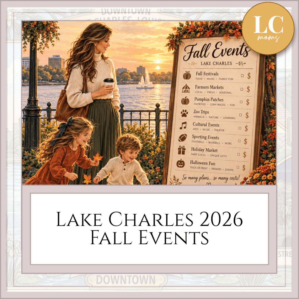 A promotional graphic for Lake Charles 2026 Fall Events featuring an illustration of a mother and two children by the water next to an event list board.
