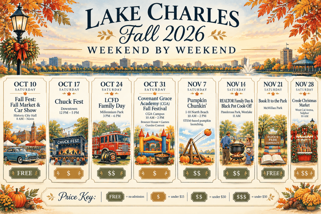 A timeline graphic titled "Lake Charles Fall 2026 Weekend by Weekend" featuring a schedule of local autumn events, dates, small illustrations of activities, and a price key at the bottom.