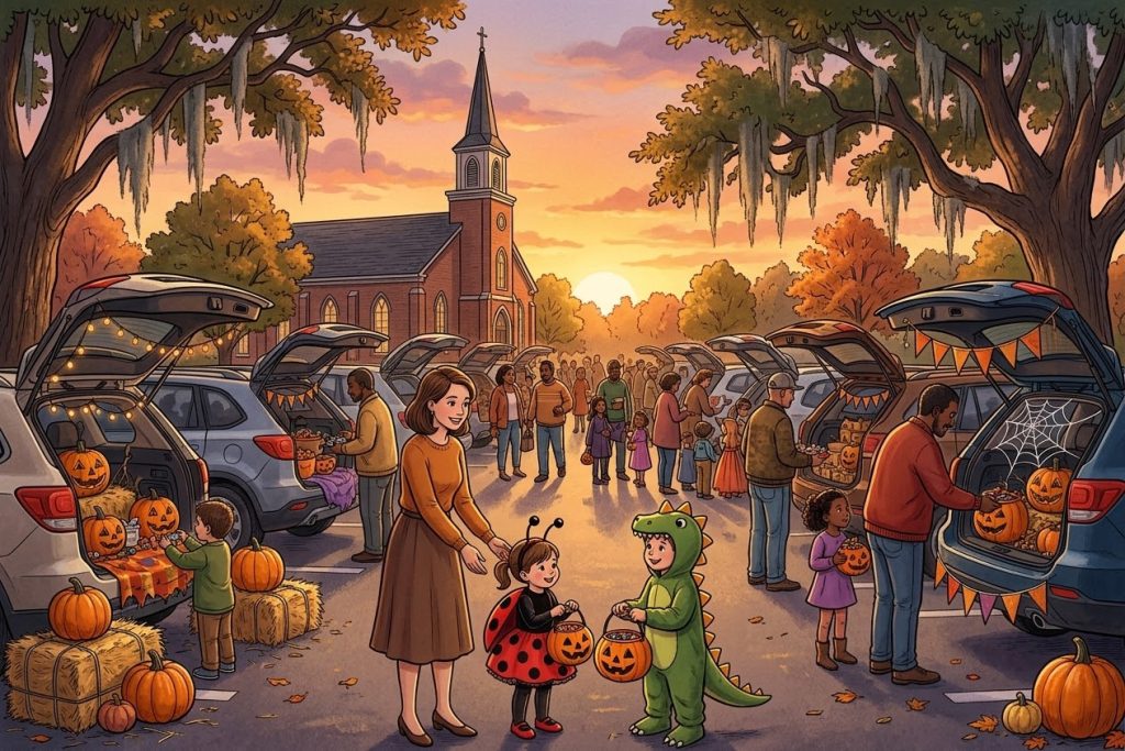 A sophisticated cartoon illustration of a church parking lot trunk-or-treat event at sunset, featuring a mother and children in ladybug and dinosaur costumes alongside cars decorated with pumpkins.